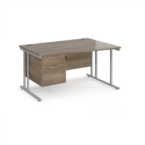 Maestro 25 right hand wave desk 1400mm wide with 2 drawer pedestal - silver cantilever leg frame Nebraska Oak Top - MC14WRP2SNO