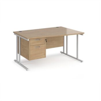 Maestro 25 right hand wave desk 1400mm wide with 2 drawer pedestal - white cantilever leg frame Kendal Oak Top - MC14WRP2WHKO