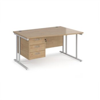 Maestro 25 right hand wave desk 1400mm wide with 3 drawer pedestal - white cantilever leg frame Kendal Oak Top - MC14WRP3WHKO