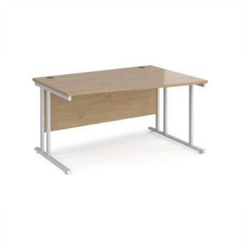 Maestro 25 right hand wave desk 1400mm wide - white cantilever leg frame Kendal Oak Top - MC14WRWHKO