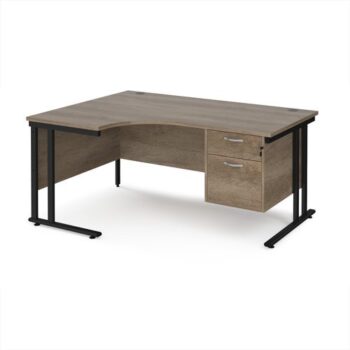 Maestro 25 left hand ergonomic desk 1600mm wide with 2 drawer pedestal - black cantilever leg frame Nebraska Oak Top - MC16ELP2KNO