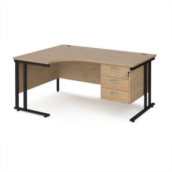 Maestro 25 left hand ergonomic desk 1600mm wide with 3 drawer pedestal - black cantilever leg frame Kendal Oak Top - MC16ELP3KKO