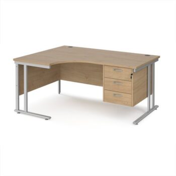 Maestro 25 left hand ergonomic desk 1600mm wide with 3 drawer pedestal - silver cantilever leg frame Kendal Oak Top - MC16ELP3SKO