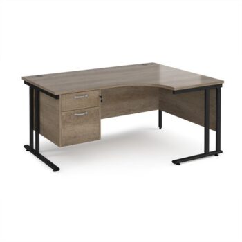 Maestro 25 right hand ergonomic desk 1600mm wide with 2 drawer pedestal - black cantilever leg frame Nebraska Oak Top - MC16ERP2KNO