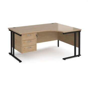 Maestro 25 right hand ergonomic desk 1600mm wide with 3 drawer pedestal - black cantilever leg frame Kendal Oak Top - MC16ERP3KKO