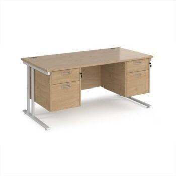Maestro 25 straight desk 1600mm x 800mm with two x 2 drawer pedestals - white cantilever leg frame Kendal Oak Top - MC16P22WHKO
