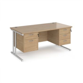 Maestro 25 straight desk 1600mm x 800mm with 2 and 3 drawer pedestals - white cantilever leg frame Kendal Oak Top - MC16P23WHKO