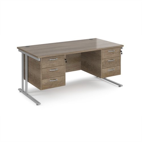 Maestro 25 straight desk 1600mm x 800mm with two x 3 drawer pedestals - silver cantilever leg frame Nebraska Oak Top - MC16P33SNO