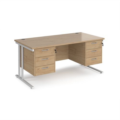 Maestro 25 straight desk 1600mm x 800mm with two x 3 drawer pedestals - white cantilever leg frame Kendal Oak Top - MC16P33WHKO