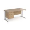 Maestro 25 straight desk 1600mm x 800mm with 3 drawer pedestal - silver cantilever leg frame Kendal Oak Top - MC16P3SKO