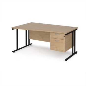 Maestro 25 left hand wave desk 1600mm wide with 2 drawer pedestal - black cantilever leg frame Kendal Oak Top - MC16WLP2KKO