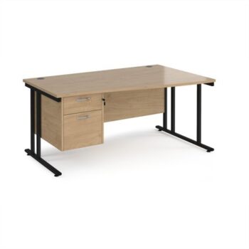 Maestro 25 right hand wave desk 1600mm wide with 2 drawer pedestal - black cantilever leg frame Kendal Oak Top - MC16WRP2KKO