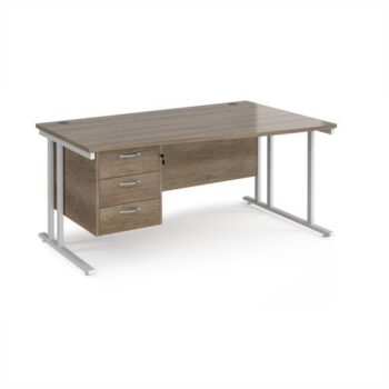 Maestro 25 right hand wave desk 1600mm wide with 3 drawer pedestal - white cantilever leg frame Nebraska Oak Top - MC16WRP3WHNO