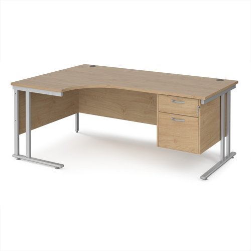 Maestro 25 left hand ergonomic desk 1800mm wide with 2 drawer pedestal - silver cantilever leg frame Kendal Oak Top - MC18ELP2SKO