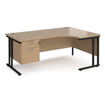 Maestro 25 right hand ergonomic desk 1800mm wide with 2 drawer pedestal - black cantilever leg frame Kendal Oak Top - MC18ERP2KKO