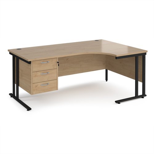 Maestro 25 right hand ergonomic desk 1800mm wide with 3 drawer pedestal - black cantilever leg frame Kendal Oak Top - MC18ERP3KKO
