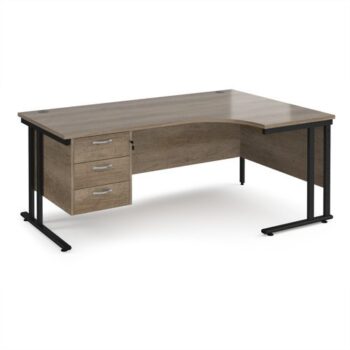 Maestro 25 right hand ergonomic desk 1800mm wide with 3 drawer pedestal - black cantilever leg frame Nebraska Oak Top - MC18ERP3KNO