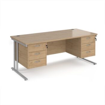 Maestro 25 straight desk 1800mm x 800mm with two x 3 drawer pedestals - silver cantilever leg frame Kendal Oak Top - MC18P33SKO