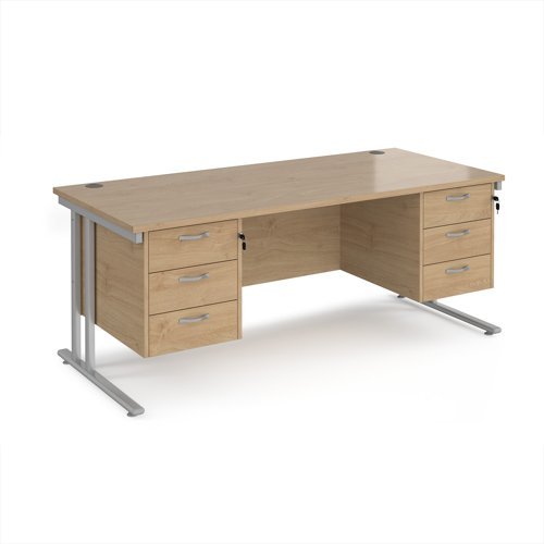 Maestro 25 straight desk 1800mm x 800mm with two x 3 drawer pedestals - silver cantilever leg frame Kendal Oak Top - MC18P33SKO