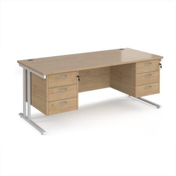 Maestro 25 straight desk 1800mm x 800mm with two x 3 drawer pedestals - white cantilever leg frame Kendal Oak Top - MC18P33WHKO