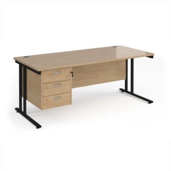 Maestro 25 straight desk 1800mm x 800mm with 3 drawer pedestal - black cantilever leg frame Kendal Oak Top - MC18P3KKO