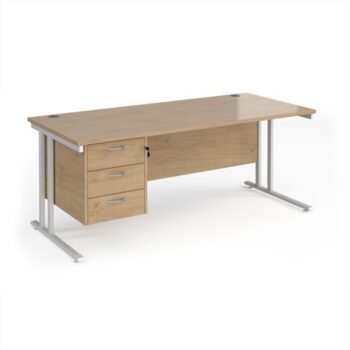 Maestro 25 straight desk 1800mm x 800mm with 3 drawer pedestal - white cantilever leg frame Kendal Oak Top - MC18P3WHKO