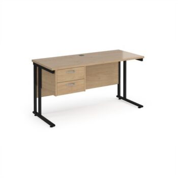 Maestro 25 straight desk 1400mm x 600mm with 2 drawer pedestal - black cantilever leg frame leg Kendal Oak Top - MC614P2KKO