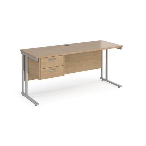 Maestro 25 straight desk 1600mm x 600mm with 2 drawer pedestal - silver cantilever leg frame leg Kendal Oak Top - MC616P2SKO