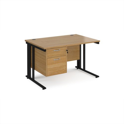 Maestro 25 straight desk 1200mm x 800mm with 2 drawer pedestal - black cable managed leg frame Oak Top - MCM12P2KO