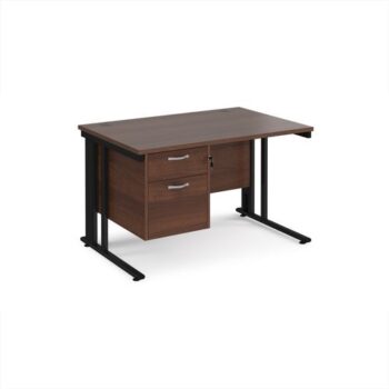Maestro 25 straight desk 1200mm x 800mm with 2 drawer pedestal - black cable managed leg frame Walnut top - MCM12P2KW