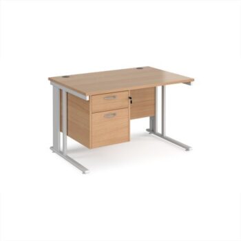 Maestro 25 straight desk 1200mm x 800mm with 2 drawer pedestal - white cable managed leg frame Beech top - MCM12P2WHB