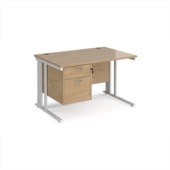 Maestro 25 straight desk 1200mm x 800mm with 2 drawer pedestal - white cable managed leg frame Kendal Oak Top - MCM12P2WHKO