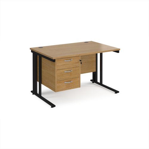 Maestro 25 straight desk 1200mm x 800mm with 3 drawer pedestal - black cable managed leg frame Oak Top - MCM12P3KO