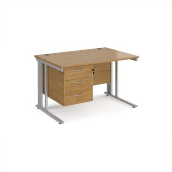 Maestro 25 straight desk 1200mm x 800mm with 3 drawer pedestal - silver cable managed leg frame Oak Top - MCM12P3SO