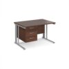 Maestro 25 straight desk 1200mm x 800mm with 3 drawer pedestal - silver cable managed leg frame Walnut top - MCM12P3SW