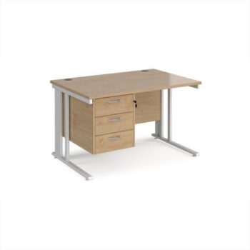 Maestro 25 straight desk 1200mm x 800mm with 3 drawer pedestal - white cable managed leg frame Kendal Oak Top - MCM12P3WHKO