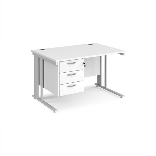 Maestro 25 straight desk 1200mm x 800mm with 3 drawer pedestal - white cable managed leg frame White Top - MCM12P3WHWH