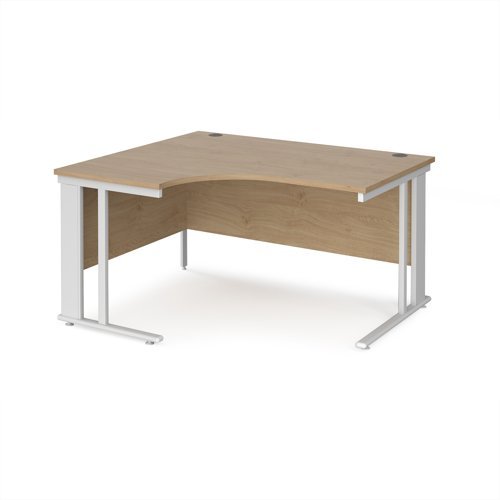 Maestro 25 left hand ergonomic desk 1400mm wide - white cable managed leg frame Kendal Oak Top - MCM14ELWHKO