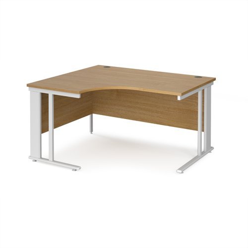 Maestro 25 left hand ergonomic desk 1400mm wide - white cable managed leg frame Oak Top - MCM14ELWHO