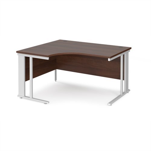 Maestro 25 left hand ergonomic desk 1400mm wide - white cable managed leg frame Walnut top - MCM14ELWHW