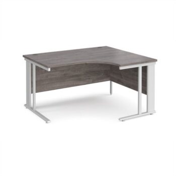 Maestro 25 right hand ergonomic desk 1400mm wide - white cable managed leg frame Grey Oak Top - MCM14ERWHGO