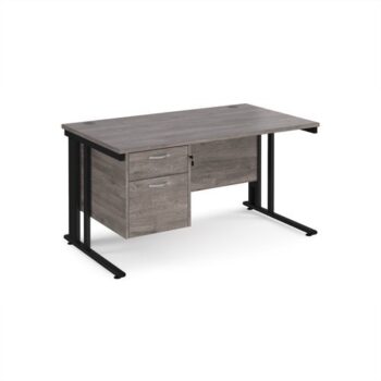 Maestro 25 straight desk 1400mm x 800mm with 2 drawer pedestal - black cable managed leg frame Grey Oak Top - MCM14P2KGO