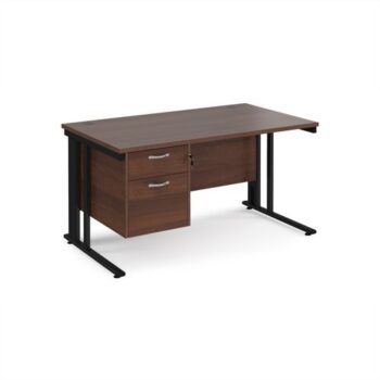 Maestro 25 straight desk 1400mm x 800mm with 2 drawer pedestal - black cable managed leg frame Walnut top - MCM14P2KW
