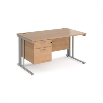Maestro 25 straight desk 1400mm x 800mm with 2 drawer pedestal - silver cable managed leg frame Beech top - MCM14P2SB