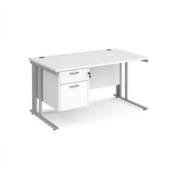 Maestro 25 straight desk 1400mm x 800mm with 2 drawer pedestal - silver cable managed leg frame White Top - MCM14P2SWH
