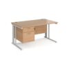 Maestro 25 straight desk 1400mm x 800mm with 2 drawer pedestal - white cable managed leg frame Beech top - MCM14P2WHB