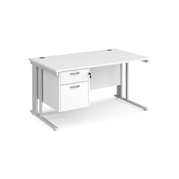 Maestro 25 straight desk 1400mm x 800mm with 2 drawer pedestal - white cable managed leg frame White Top - MCM14P2WHWH