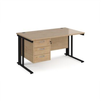 Maestro 25 straight desk 1400mm x 800mm with 3 drawer pedestal - black cable managed leg frame Kendal Oak Top - MCM14P3KKO