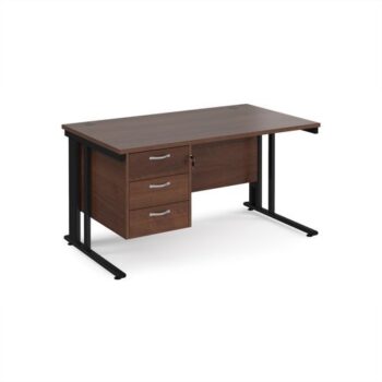 Maestro 25 straight desk 1400mm x 800mm with 3 drawer pedestal - black cable managed leg frame Walnut top - MCM14P3KW