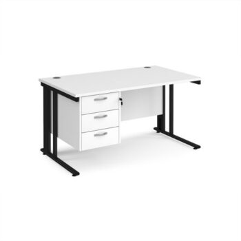 Maestro 25 straight desk 1400mm x 800mm with 3 drawer pedestal - black cable managed leg frame White Top - MCM14P3KWH